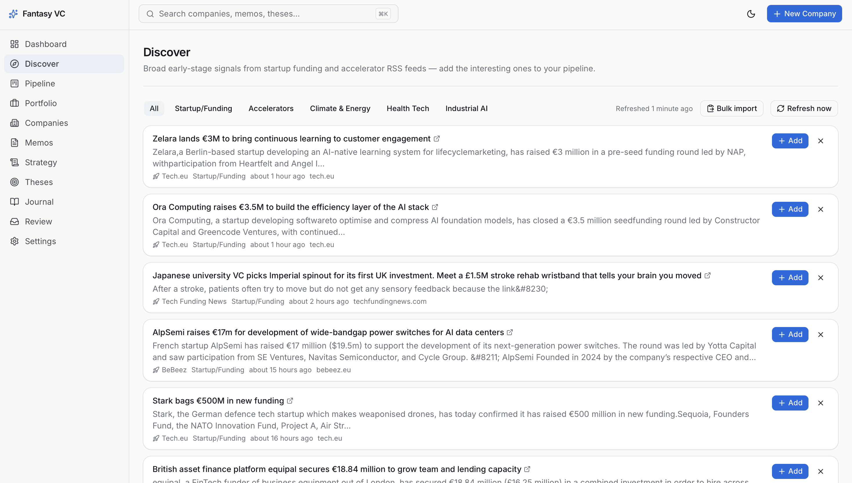 Screenshot of the Heptad Capital discovery feed showing automated startup sourcing signals.
