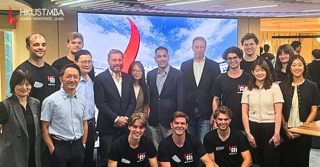 Organisers and guests gathered in front of a screen at the Hong Kong AI Summit
