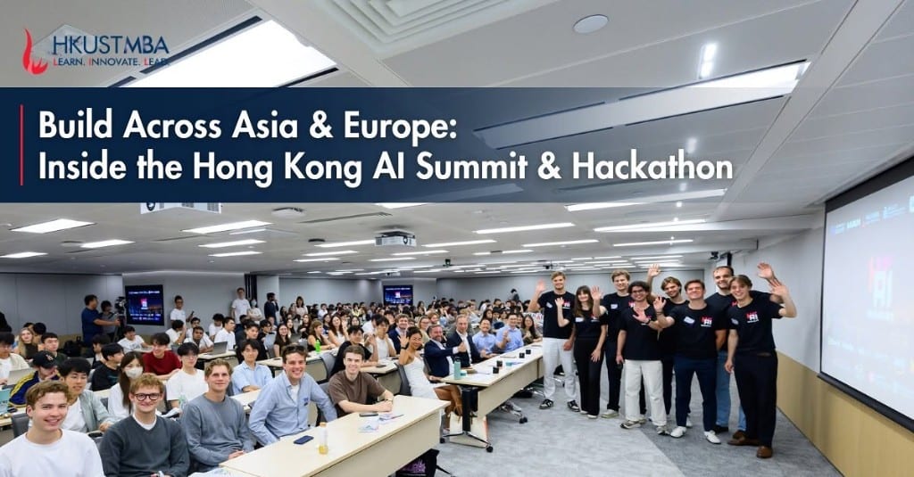 A full lecture hall during the Hong Kong AI Summit, with organisers standing at the front